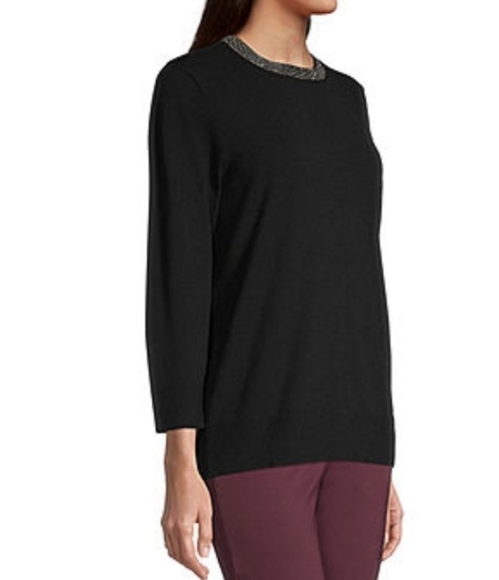 𝅺LIZ Claiborne Black Jewel Neck 3/4 Sleeve Sweater - Picture 3 of 7